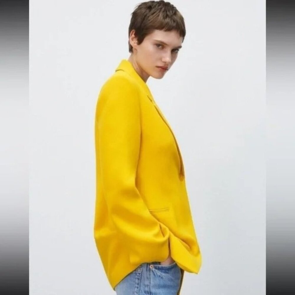 Zara Blazer XS Yellow Double Breasted Asymmetric Blogger Fave - Picture 5 of 16
